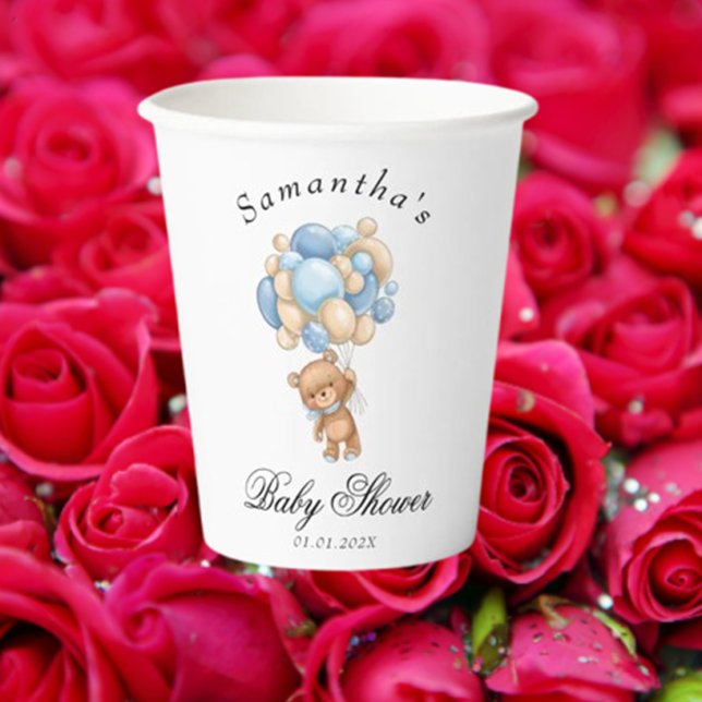 Gobelets En Papier Teddy Bear Blue Balloon Baby shower tasses en papi (Celebrate your baby's special day with our charming Teddy Bear Blue Balloon paper cups.)