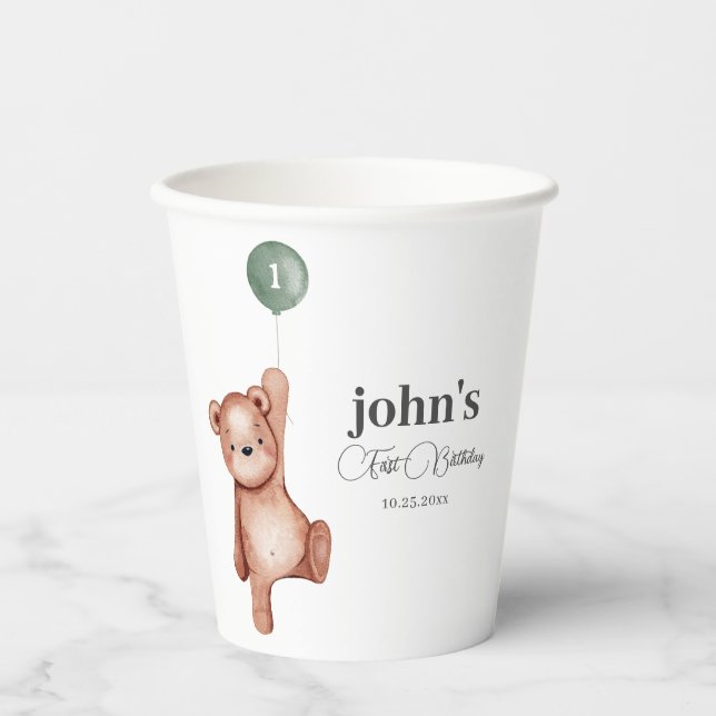 Gobelets En Papier Teddy Bear Sage Green Première fête d'anniversaire (Recto)