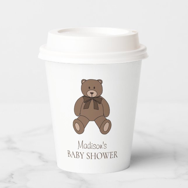 Gobelets En Papier Teddy Bear with Bow Name Brown Baby Shower (Recto)