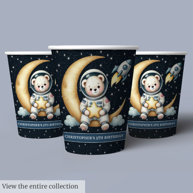 Gobelets En Papier Teddy Ours de l'espace Astronaut Boy Party tasses  (Space Teddy Bear Astronaut Boy Party Paper Cups)