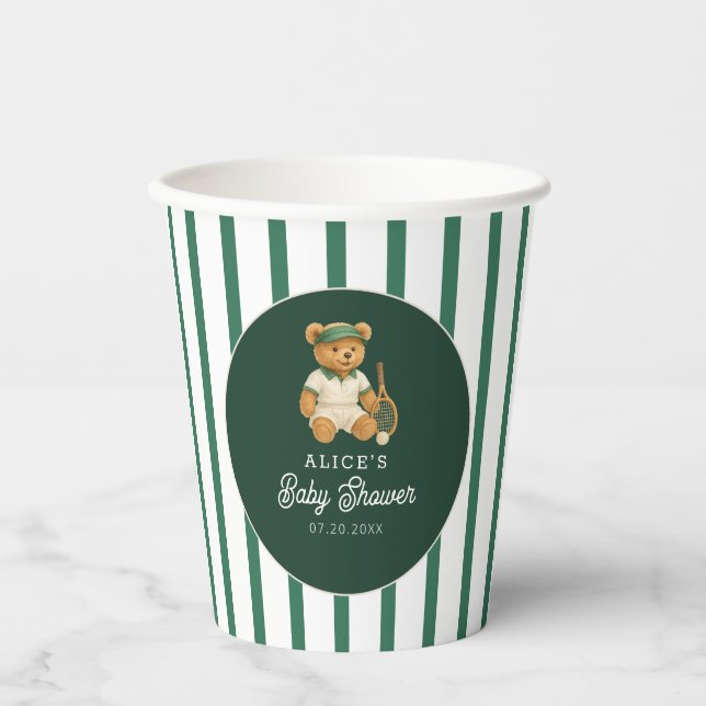 Gobelets En Papier Tennis Preppy Bear Green Baby shower rayé (Recto)