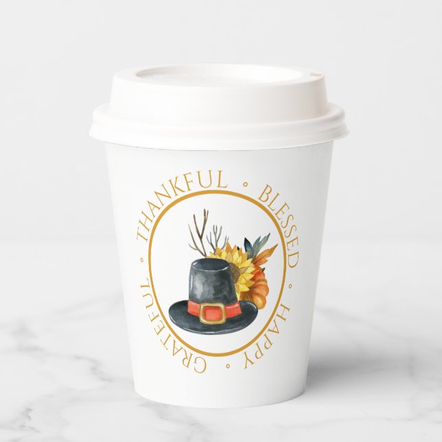 Gobelets En Papier Thanksgiving Pilgrim Casquette Citrouille Tourneso (Recto)