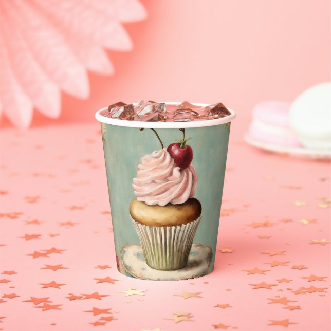 Gobelets En Papier Thé d'anniversaire avec gâteau cupcake rose frança (Insitu)