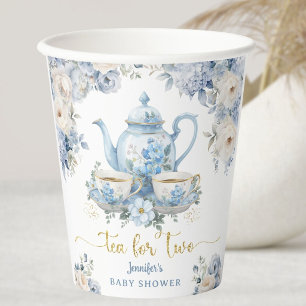 Gobelets En Papier Thé pour deux bébé Shower Garçon Or Bleu Floral