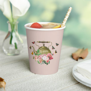 Gobelets En Papier Théière Fête Rose Floral & Papillons Bouilloire
