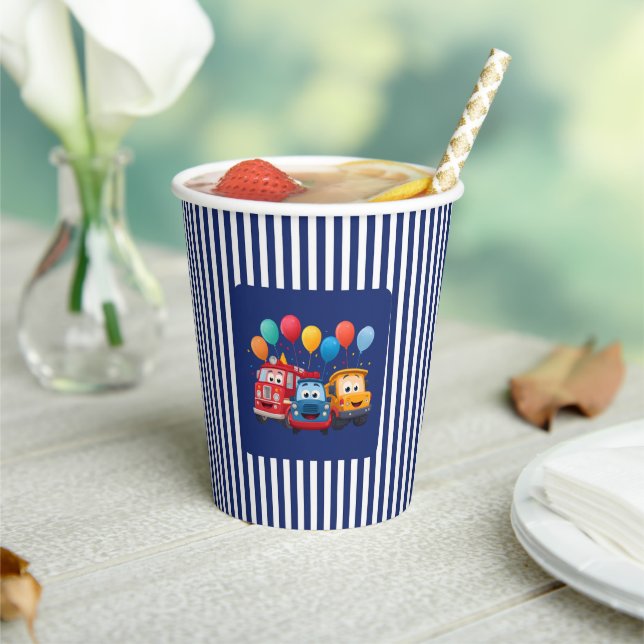 Gobelets En Papier Thème d'anniversaire camion rayé bleu (Insitu)
