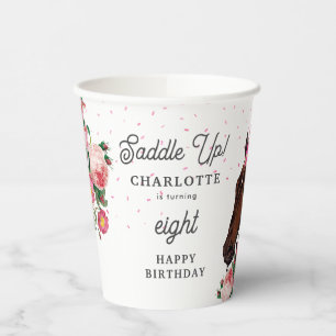 Gobelets En Papier Thème d'anniversaire Cheval Fleur Rose Fille Cowgi