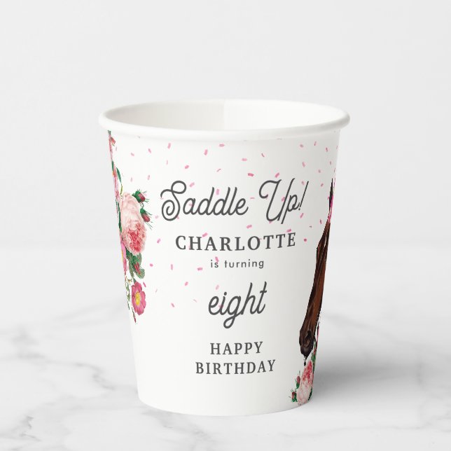 Gobelets En Papier Thème d'anniversaire Cheval Fleur Rose Fille Cowgi (Gauche)