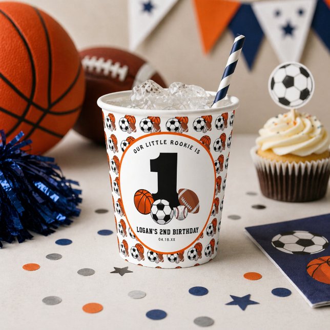 Gobelets En Papier Thème de sports avec ballon pour le 1er anniversai (1 Ball Sports Theme Boy’s 1st Birthday Paper Cups)