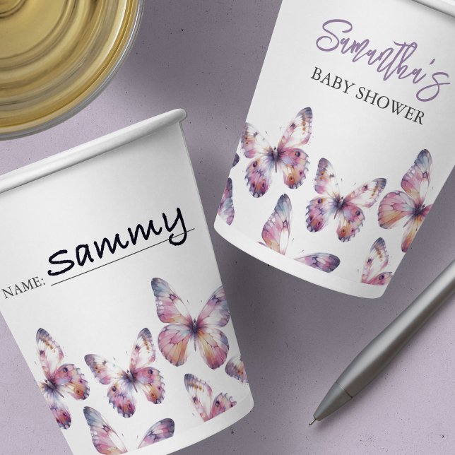 Gobelets En Papier Thème Papillon Purple Personnalisé (purple butterfly baby shower theme paper cups write name by Victoria Grigaliunas Do Tell A Belle)