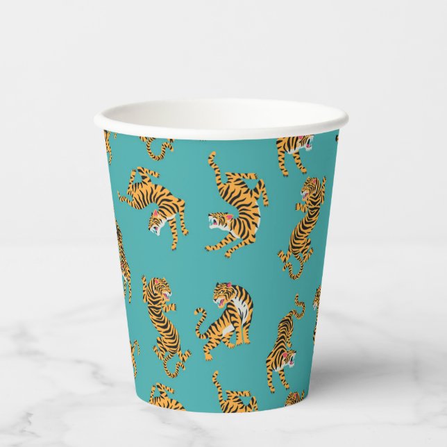 Gobelets En Papier Tiger sur Motif Turquoise (Recto)