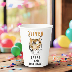 Gobelets En Papier Tiger Tête Aquarelle Nom Fête Anniversaire