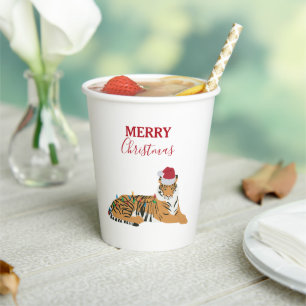 Gobelets En Papier Tigre de Noël drôle animal avec chapeau de Père No