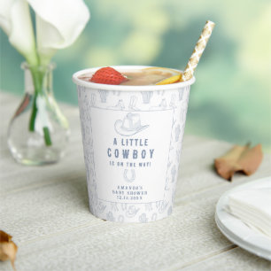 Gobelets En Papier Toile de Jouy Bleu Cowboy Occidental Baby Shower