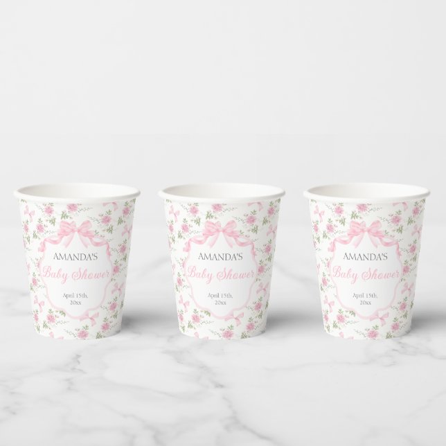 Gobelets En Papier Toile De Jouy Pink Bow Girl Baby Shower (Multi)