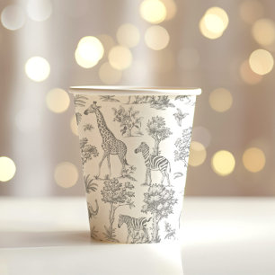 Gobelets En Papier Toile de Jouy Safari animaux Baby shower gris