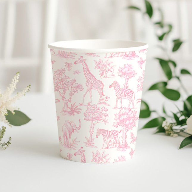 Gobelets En Papier Toile de Jouy Safari animaux rose élégant mignon (Créateur téléchargé)