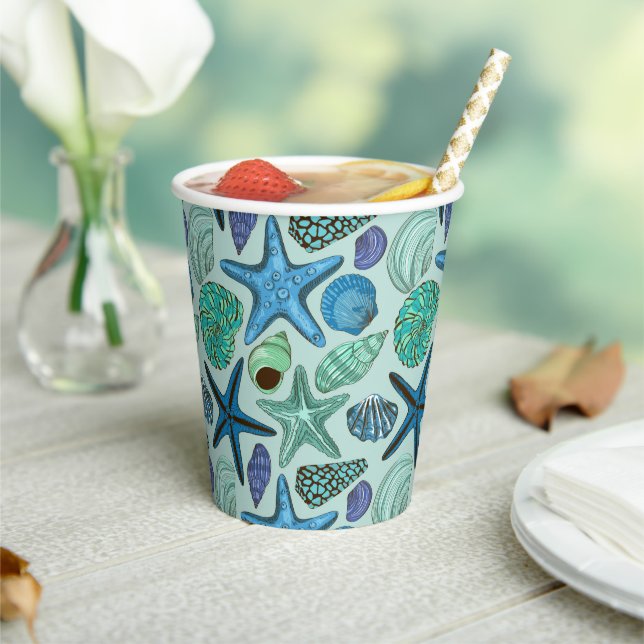 Gobelets En Papier Tons De Coquillages Bleus Et Motif D'Écre (Insitu)