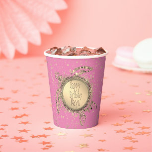 Gobelets En Papier Tortue dorée sur rose Anniversaire Personnalisé