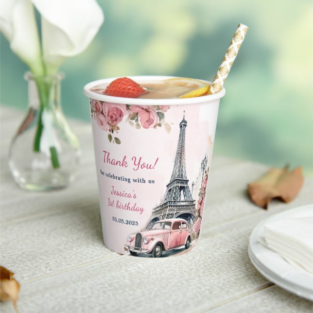 Gobelets En Papier Tour Eiffel Florale Paris 1er Anniversaire Tasses  (Insitu)