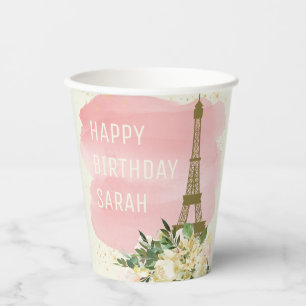 Gobelets En Papier Tour Eiffel Rose Or Glitter Joyeux Anniversaire
