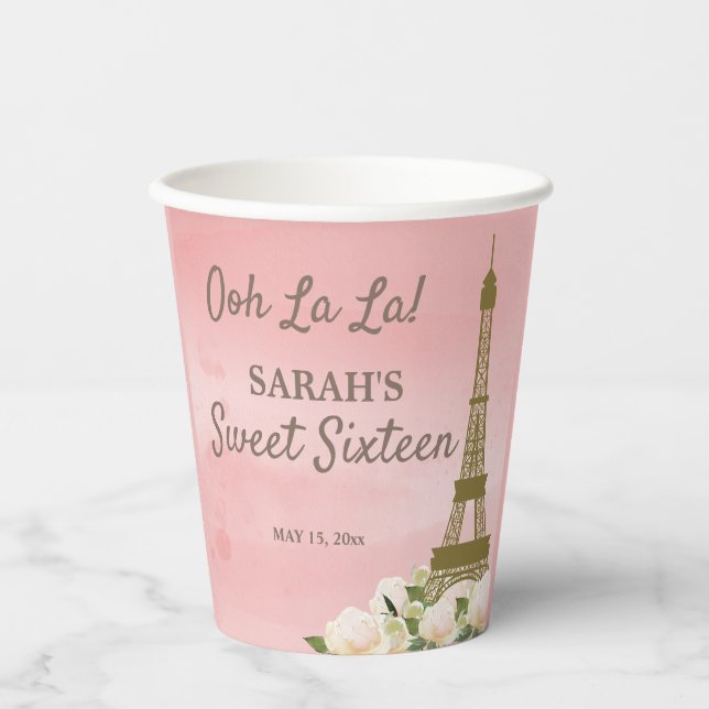 Gobelets En Papier Tour Eiffel Rose Or Sweet 16 (Recto)