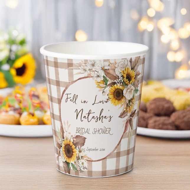 Gobelets En Papier Tournage de tournesols amoureux shower de mariage  (Fall in love sunflowers brown gingham country bridal shower  personalized paper cups)