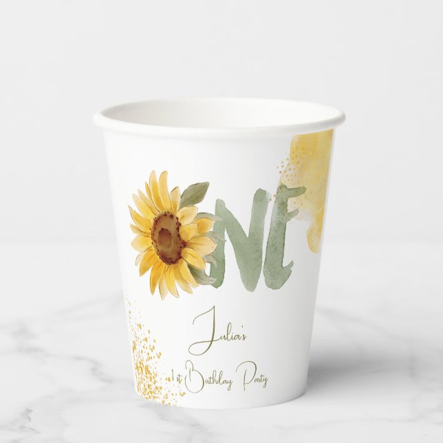 Gobelets En Papier Tournesol d'aquarelle premier anniversaire (Recto)