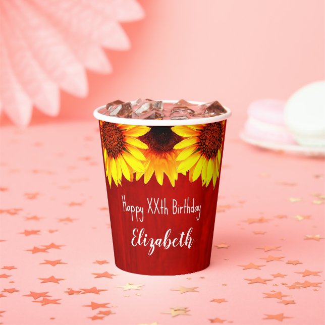 Gobelets En Papier Tournesol Rustique Bois Anniversaire (Insitu)