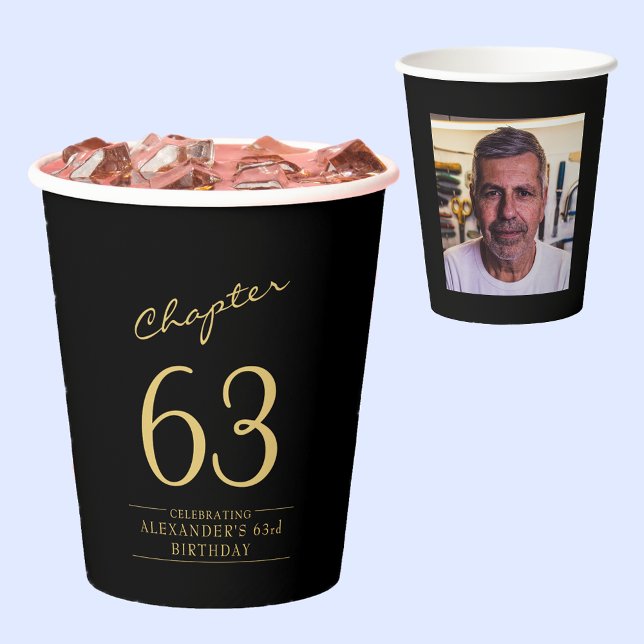 Gobelets En Papier Tout âge Anniversaire Black Gold Photo (Black and gold birthday paper cups with photo on rear. Celebrate any age.)