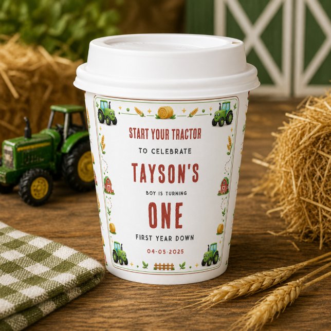 Gobelets En Papier Tracteur Vert Rustique Première Année Thème de la  (Rustic Green Tractor First Year Down Farm Theme Paper Cups
)