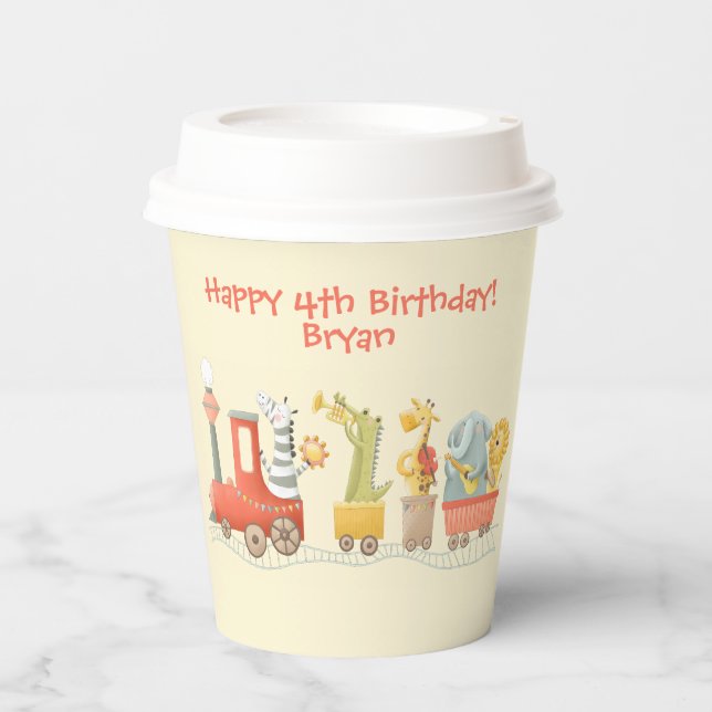 Gobelets En Papier Train d'animaux musicaux d'anniversaire (Recto)