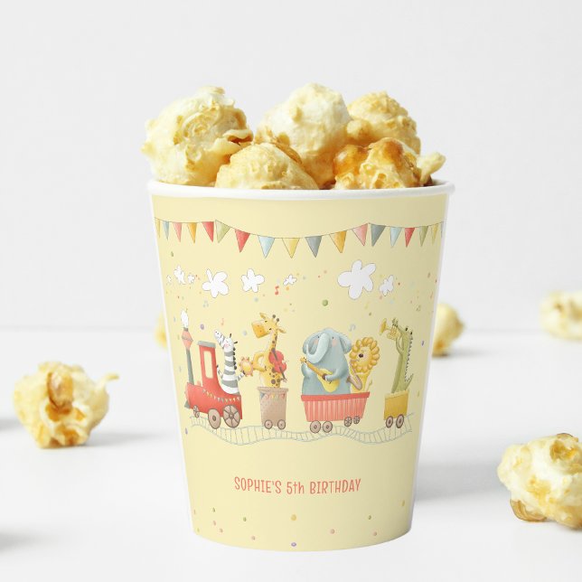 Gobelets En Papier Train de musique avec animaux sauvages anniversair (Créateur téléchargé)