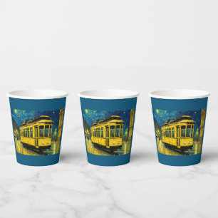 Gobelets En Papier tramway jaune sur une nuit étoilée -Budapest