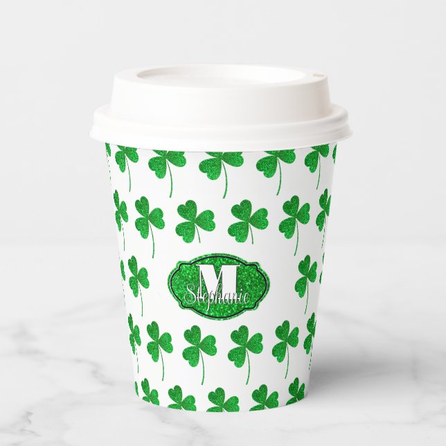 Gobelets En Papier Trèfles Monogrammes Verts Étincelants Saint Patric (Recto)