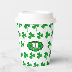 Gobelets En Papier Trèfles scintillants verts monogrammés Saint Patri