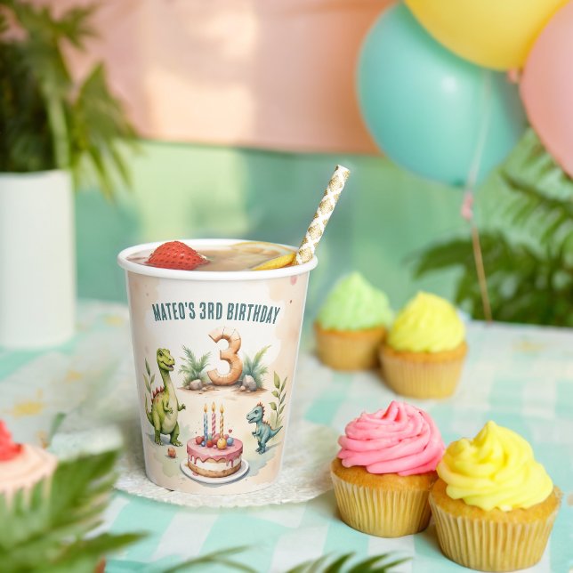 Gobelets En Papier Trois Rex Dinosaur 3e anniversaire (Créateur téléchargé)