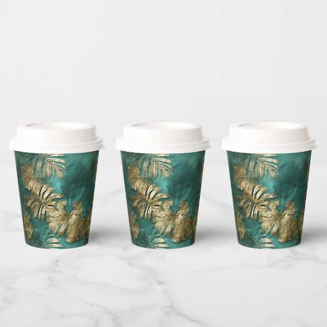 Gobelets En Papier Tropical Gold Emerald Feuilles verts (Multi)