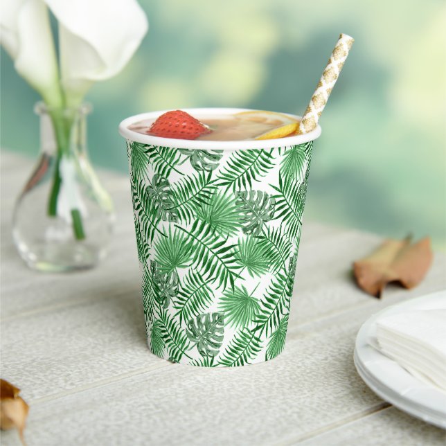 Gobelets En Papier Tropical Green Palm Feuille Summer Art Motif (Insitu)