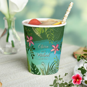 Gobelets En Papier Tropical Rose Frangipanier Vert Aquarelle Boutique