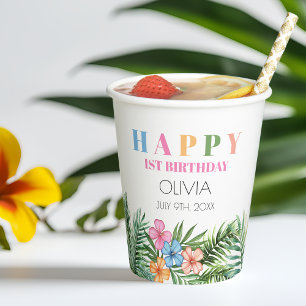 Gobelets En Papier Tropical Summer Flamant Rose Fille Joyeux 1er Anni