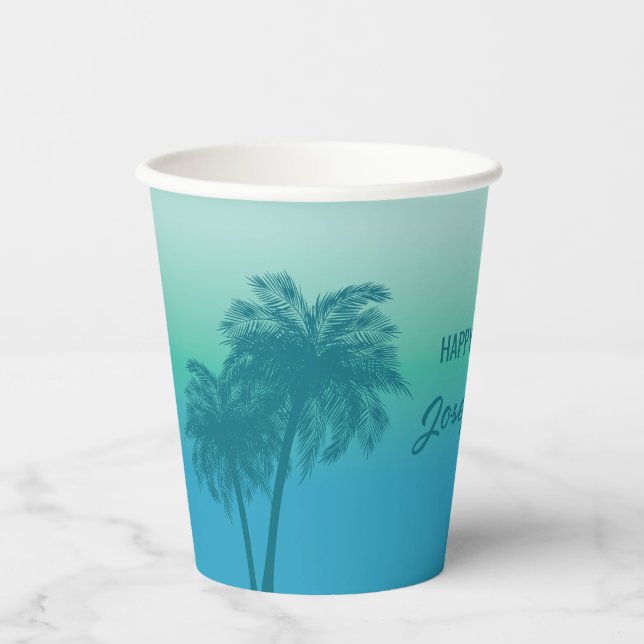 Gobelets En Papier Tropical Summer Palm Trees Aqua Blue Sky Birthday (Recto)