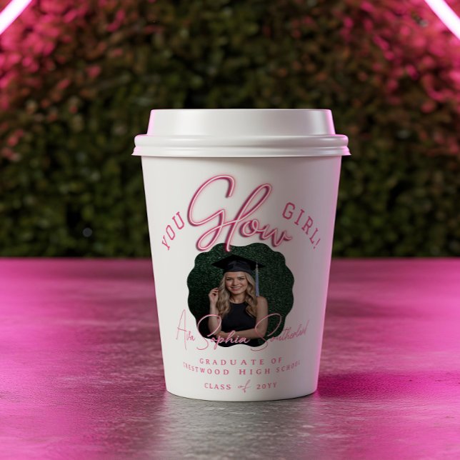 Gobelets En Papier Tu Glow Girl Wavy Pink Neon Graduation Photo (You Glow Girl Wavy Pink Neon Graduation Photo Paper Cups)