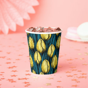 Gobelets En Papier Tulières jaunes avec feuilles bleus