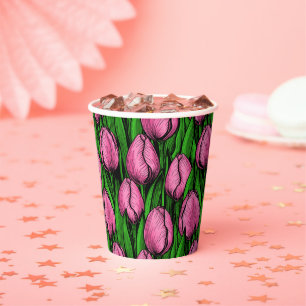Gobelets En Papier Tulières roses avec feuilles verts