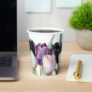 Gobelets En Papier Tulipes aquarelles noires et blanches de printemps