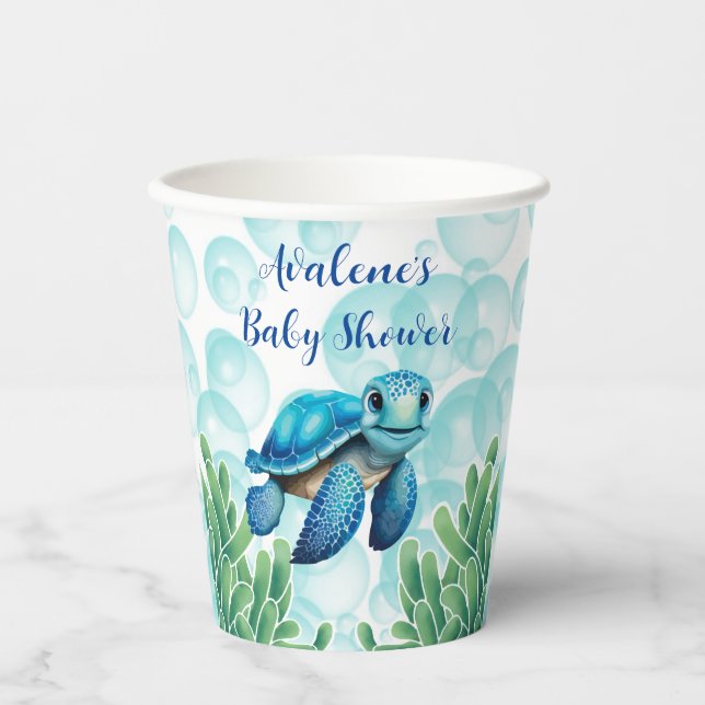 Gobelets En Papier Turquoise Blue Sea Turtle Seawey Boy Baby shower (Recto)