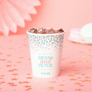 Gobelets En Papier Turquoise corail confetti mariage personnalisé tas