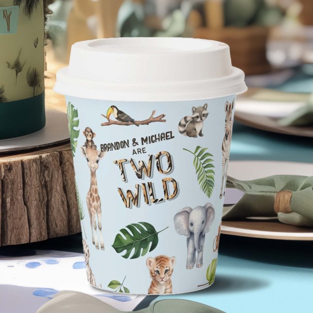 Gobelets En Papier Twins Blue Safari thème Deux Wild Boy 2e (Twins Blue Two Wild 2nd Birthday paper cups)