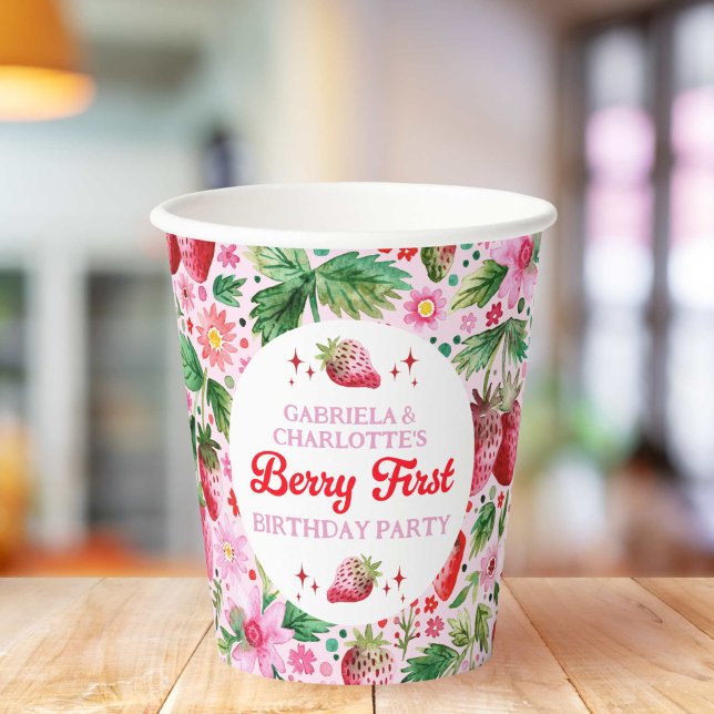Gobelets En Papier Twins Joint Strawberry Berry 1er Birthday Girls (Twins Joint Strawberry Berry 1st Birthday Girls Paper Cups)